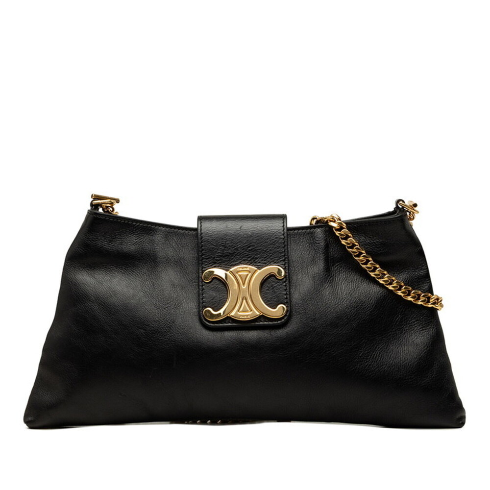 Celine Triomphe Chain Shoulder Bag, Black Leather, Women's CELINE